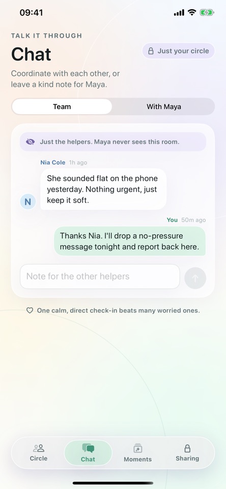 Care Circle iPhone screen showing Private circle messages