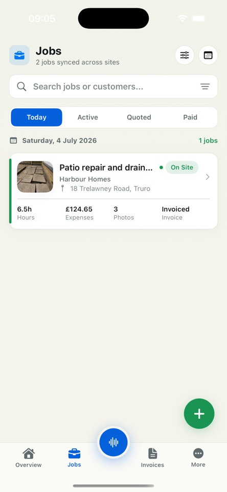 SiteMate iPhone screen showing Voice-to-work-log AI