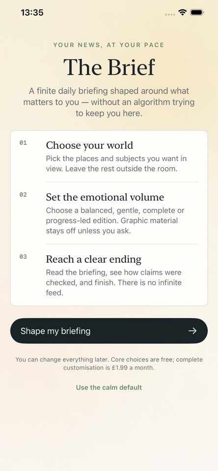 The Brief iPhone screen showing Finite daily queue