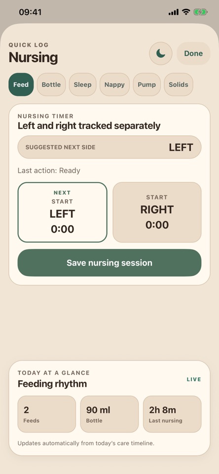 Tiny Care iPhone screen showing Family handoff notes