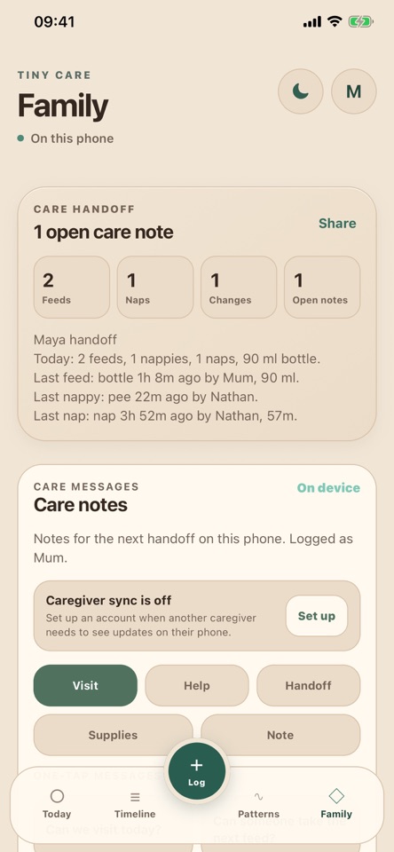 Tiny Care iPhone screen showing 24-hour summaries
